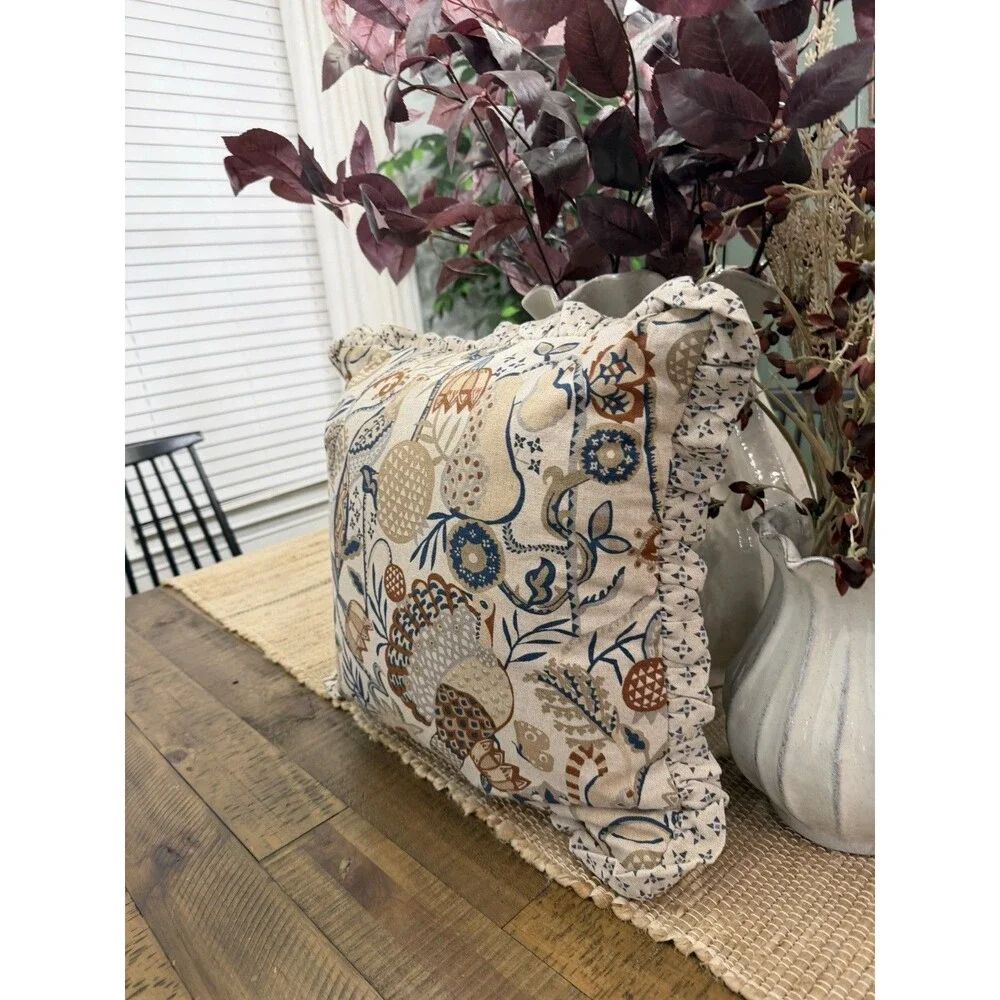 Square Bird in Nature Pillow Printed Reverse and Ruffle Trim neutral Threshold
